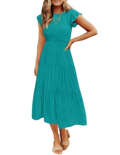ZESICA Women's 2025 Summer Casual Flutter Short Sleeve Crew Neck Smocked Elastic Waist Tiered Midi Dress,Peacock,Medium