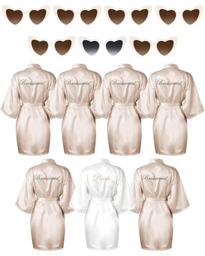 Xuhal 7 Pcs Bride Bridesmaid Robe Sets for Wedding Bridal Party Satin Robes Maid of Honor Robe with Heart Shaped Sunglasses(Champagne, White)