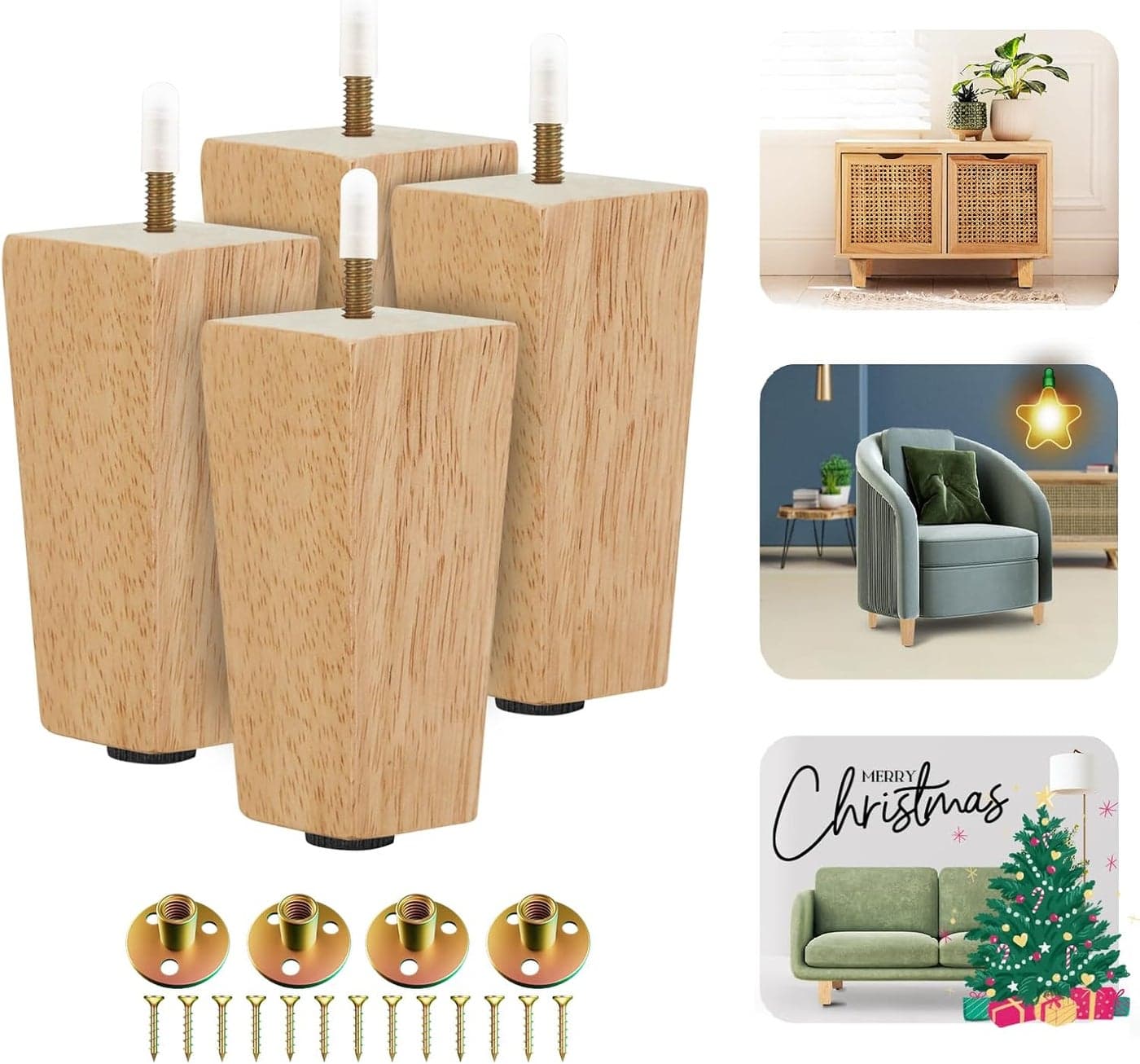 Yes4All 45 Inches Square Wood Furniture Legs Set of 4 Wooden Replacement Feet for Couch Bed Bench Adjustable Sofa Ottomans Tapered Leg with Leveler Nature Rubber Wood Parts for Table Chair