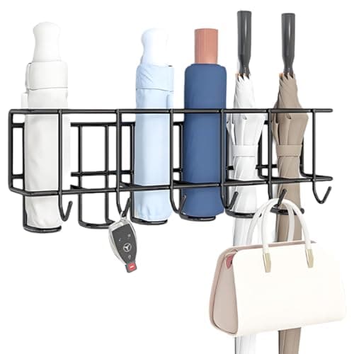 HASTHIP® Wall Umbrella Holder Storage Organizer Rack with Hooks, No Drill Wall Mounted Multi Hook Rack Umbrella Organizer Rack for Folding Umbrella, Golf Umbrella