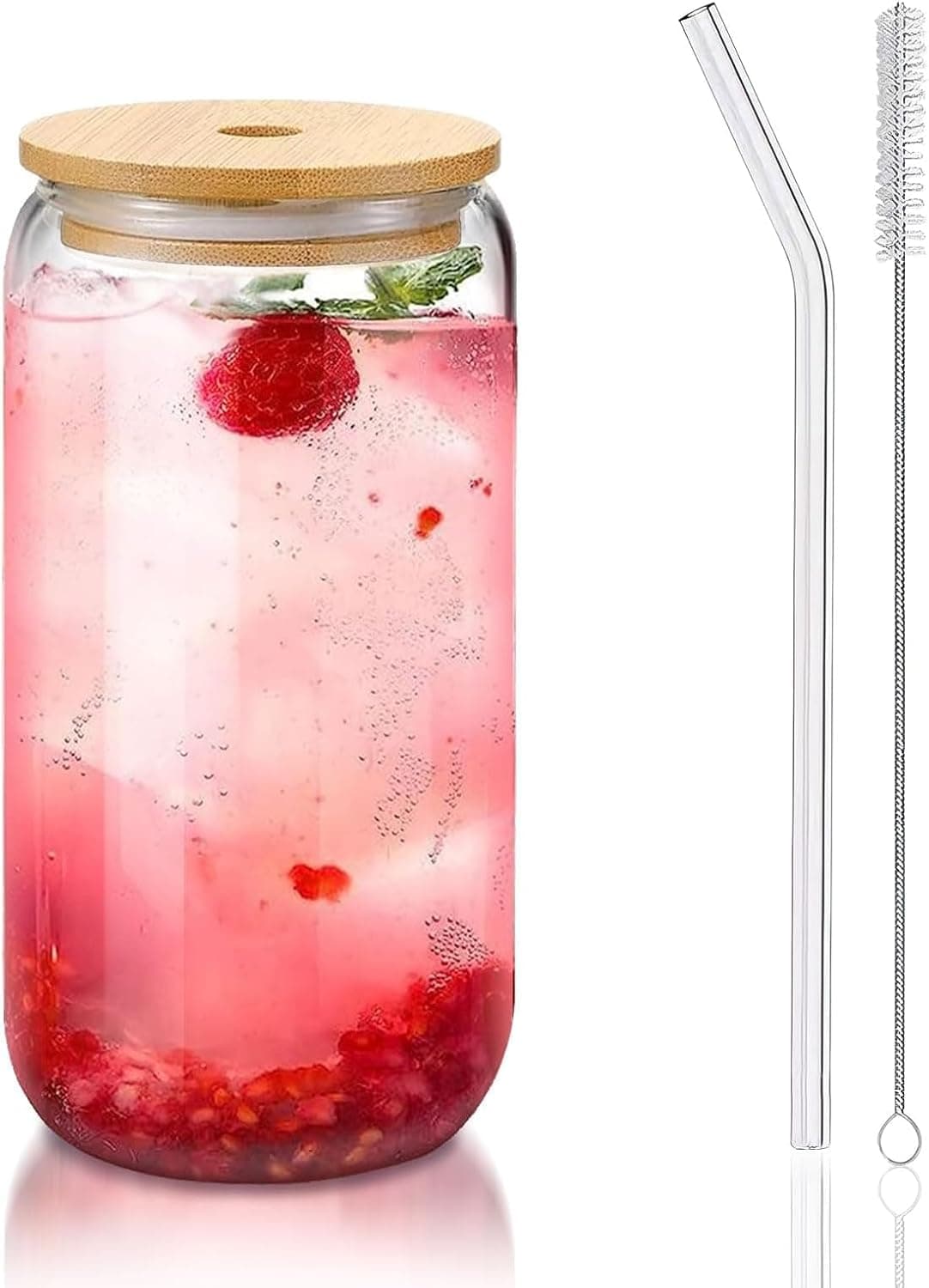 LIJIE Beer Can Shape Drinking Glasses Tumbler with Airtight Wooden Lid and Straw 500ml Mason Sipper Bottle for Juice with 1 Cleaning Tool Pack of 1