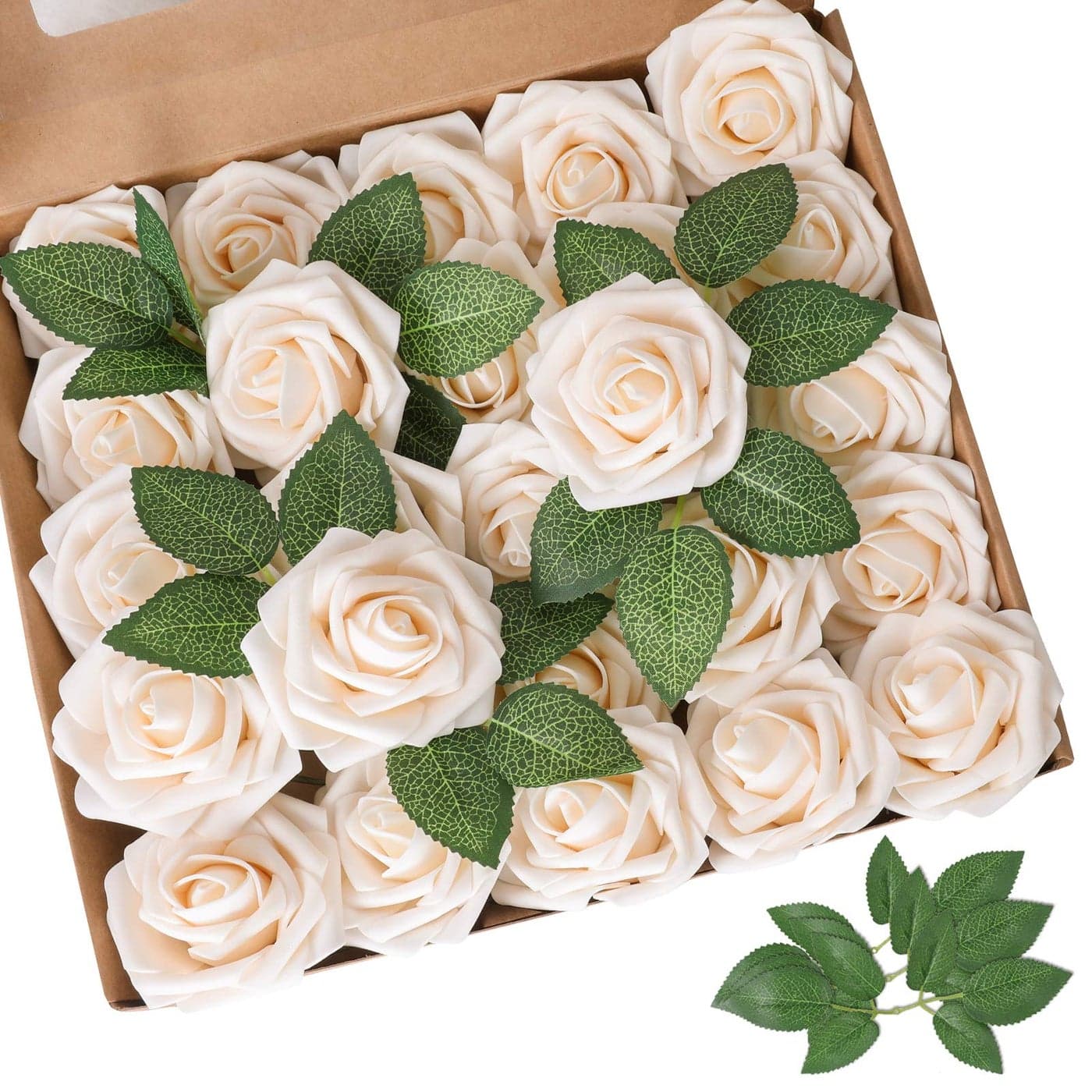 AmyHomie Artificial Flowers Champagne Rose 50pcs Real Looking Fake Roses wStem for DIY Wedding Bouquets Centerpieces Arrangements Party Baby Shower Home Decorations