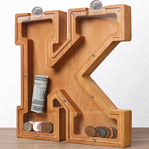 Wooden Letter Piggy Bank for Kids Boys Girls Large 26 Alphabet Money Bank Personalized Custom Name Transparent Saving Coin Bank Perfect ChristmasBirthday Gift for kids Adults and Home Decoration K