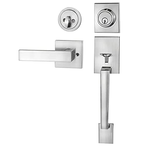 Azdele Front Door Handle and Deadbolt Set, Front Door Lock Set, Exterior Door Lock Set, Front Door Handle with Single Cylinder Deadbolt for Exterior Door,Reversible for Right&Left(Satin Nickel Modern)