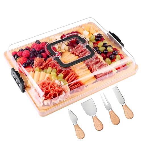 CAWIU Charcuterie Board with Lid and Handle - Portable Travel Design Bamboo Cheese Board Set with 4 Cheese Tools, Gift for Housewarming, Weddings, Picnics (6 Compartments, Black)