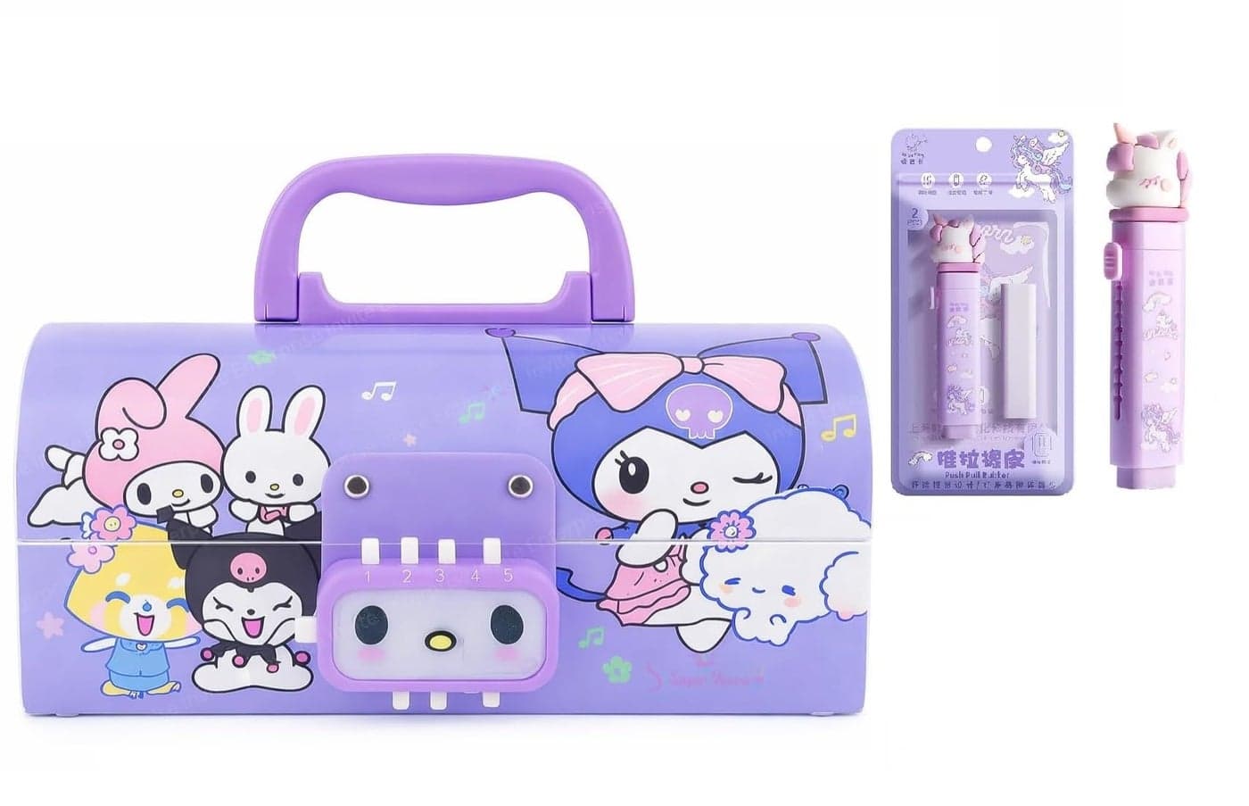Invite New Cartoon Theme Pencil Box with Push Pull Eraser Set for Kids | Suitcase Style Password Lock Stationery Organizer | School Supplies Gift Combo for Boys & Girls (Kuromi Purple + Eraser)