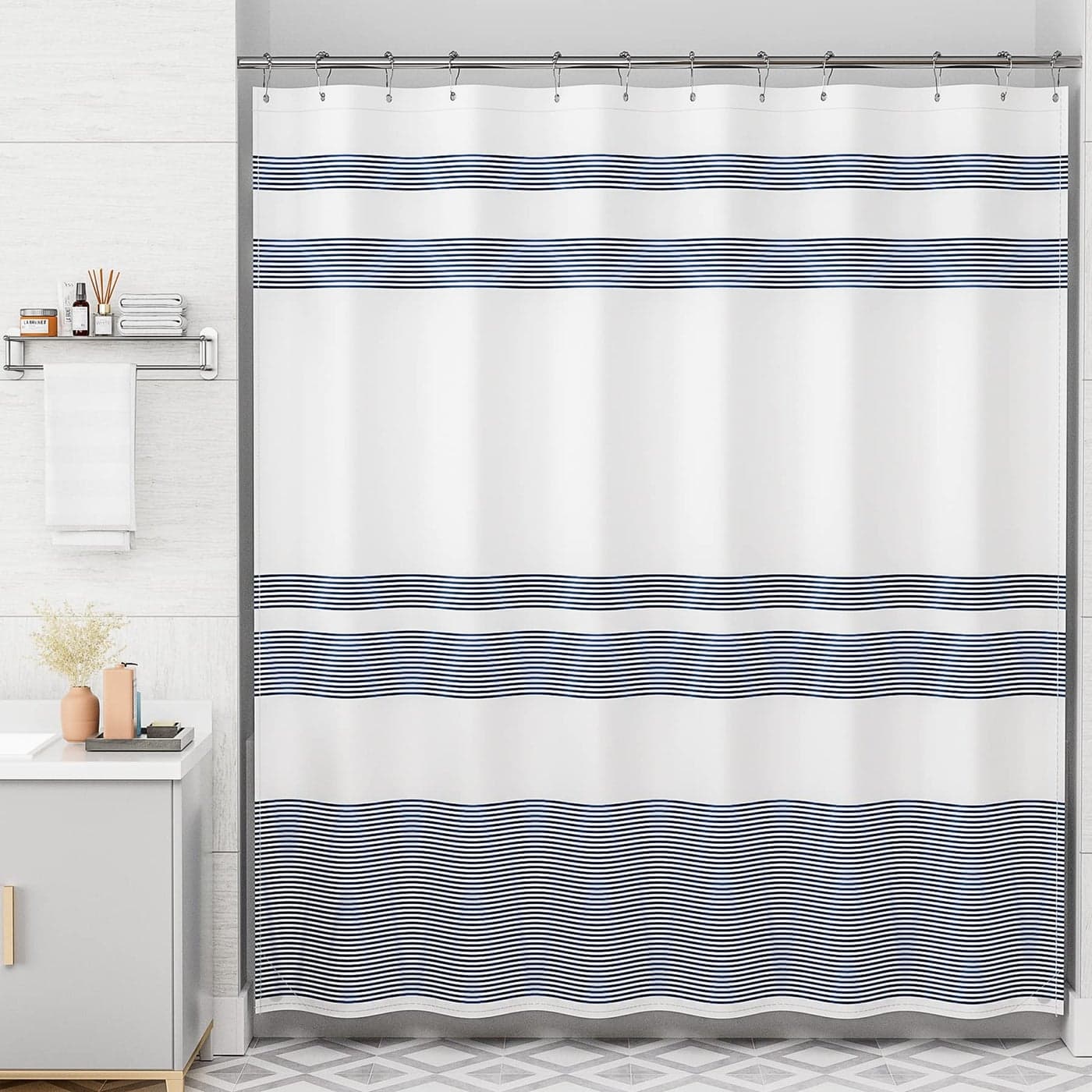 AmazerBath Shower Curtain, Striped Blue Cloth Shower Curtain Sets with 12 Shower Curtain Hooks, Rustic Fabric Blue and White Shower Curtain, Washable Farmhouse Bathroom Shower Curtain, 72x72 Inches