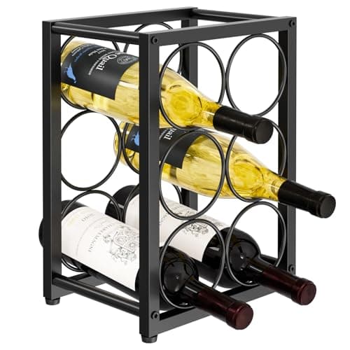 Kawaiita Countertop Wine Rack 6 Bottles, Modern Freestanding Metal Wine Bottle Holder, Tabletop Wine Rack for Inside Cabinet, Pantry, Kitchen, Black