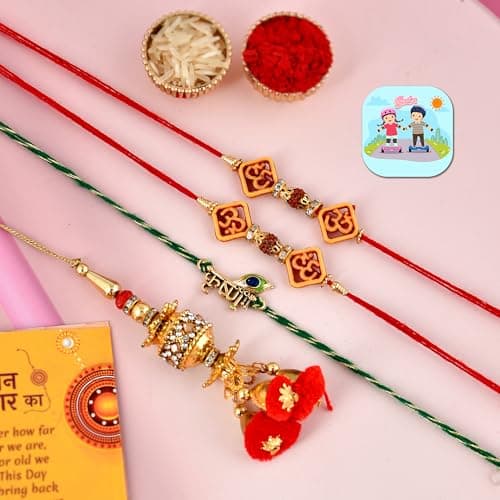 CraftVatika rakhi for brother and bhabhi and kids combo | bhaiya bhabhi designer rakhi set combo set of 4 | Krishna Lumba Om Rudraksh, Fridge Magnet for Door Decor