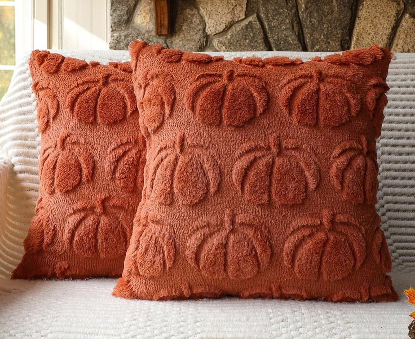 4TH Emotion Fall Pumpkin Decorative Pillow Covers 18x18 Set of 2 Rust Red Soft Plush Faux Fur Farmhouse Throw Cushion Cases for Autumn Thanksgiving Holiday Home Decorations