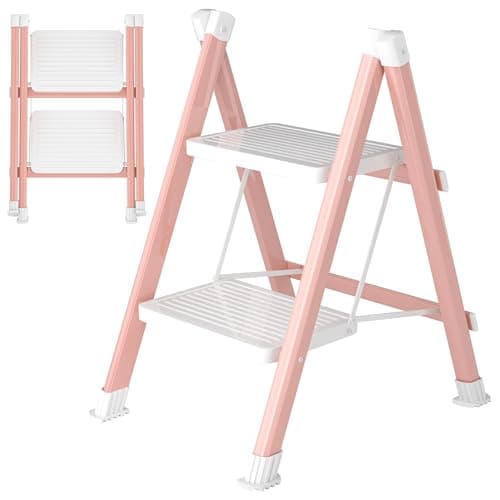 DIAMONDFORGE 2 Step Ladder, Folding Step Stool with Anti-Slip Wide Pedal, Anti-Slip Feet, Sturdiest Steel Construction, 600lbs Capacity Steel Ladder for Home and Office, Pink White