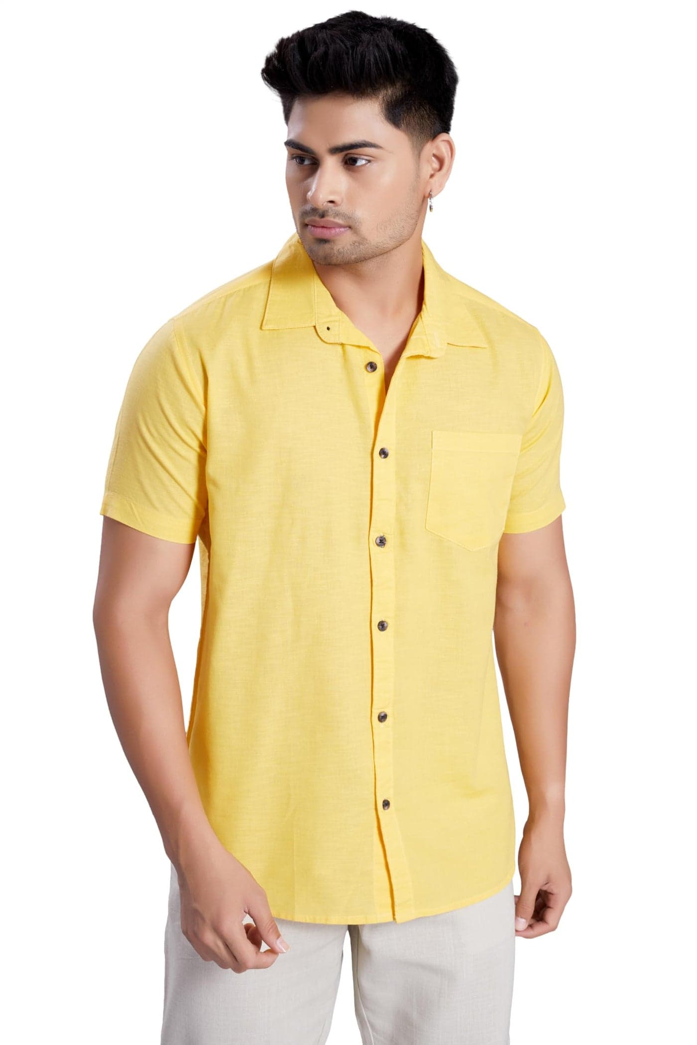 DIVISIVE Men's Slim Fit Linen Half Sleeves Cotton Casual Shirt (DST145_L_Yellow)