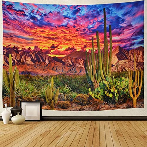 Generleo Mountain Desert Cactus Tapestry Sunset Clouds Tapestries Psychedelic Tropical Plants Wall Tapestries Nature Scenery Tapestry Wall Hanging for Bedroom Decor