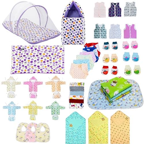 Infantbond 60 in 1 Summer Season New Born Baby Complete Daily Items Combo | Baby Gift Set (0-6 Months) (Purple)