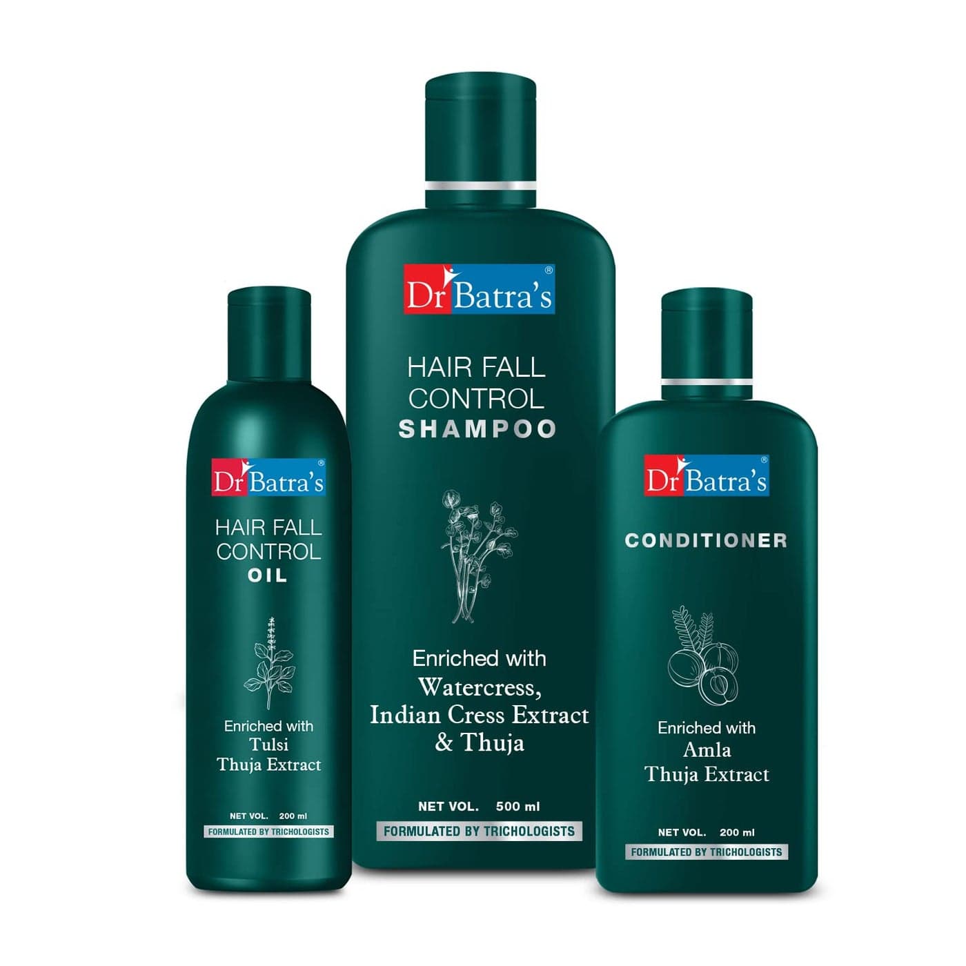 Dr Batras Hair Fall Control Shampoo 500 ml Conditioner 200 ml and Hair Fall Control Oil 200 ml Kit for deep nourishment Frizz control Highly rich Thuja pH balance Pack of 3 for Men and Women