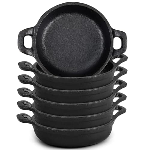 Ziliny Mini Cast Iron Skillets 5 x 5 x 1.3 Inch Cast Iron Pan Small Ramekin Set Black Casserole Dish Cookware Oven Safe Mini Skillets for Kitchen Indoor Outdoor Picnic (6 Pack)
