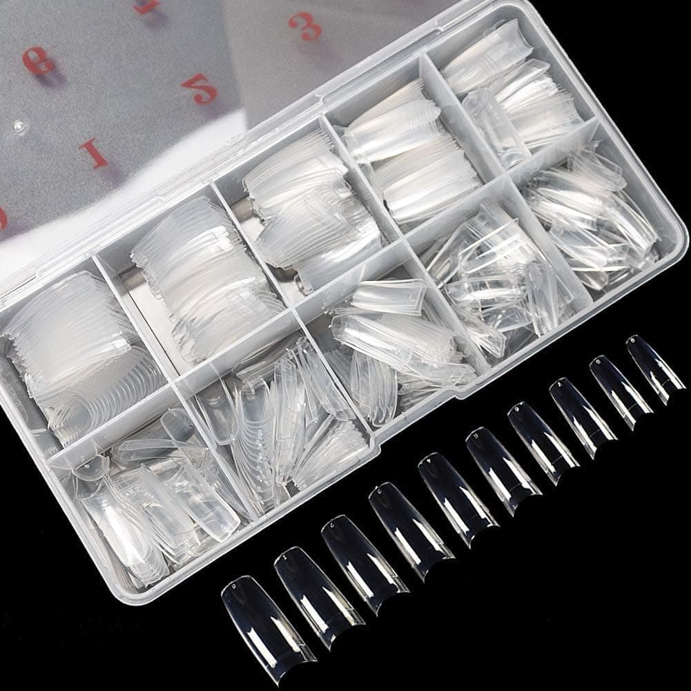 krofaue 500PCS Clear False Nails Tips Half Cover Lady French Style Acrylic Artificial Tip Manicure with Box of 10 Sizes for Nail Tips Art Salons and Home DIY