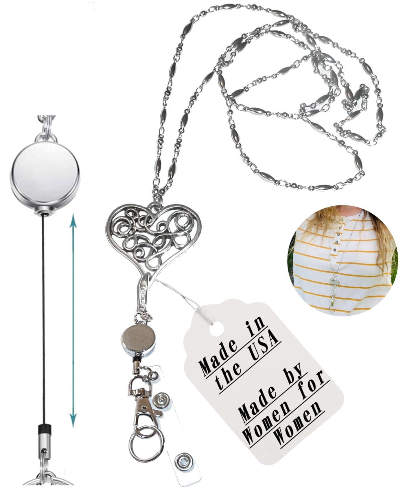 Hidden Hollow Beads Women's Lanyard Strong Stainless Steel Chain Heart ID Badge Breakaway Reel Card Holder Teacher Nurse Keys (Heart Pendant With Reel)