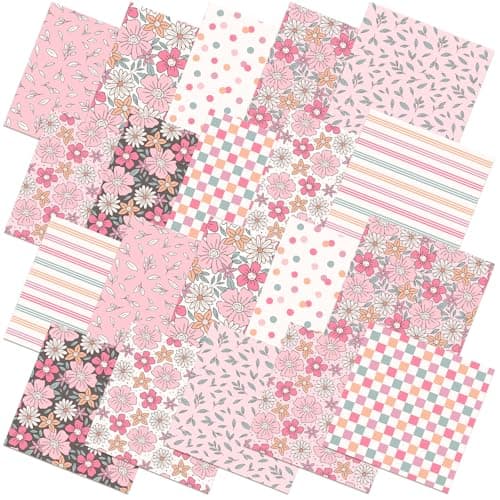 Hahafelt 10 Pcs Retro Pink Floral Square Fat Quarters 20 x 20 Inch Pastel Pink Daisy Flower Quilting Fabric by The Yard Polka Dots Gingham Fabrics Precut Patchwork for Summer DIY Sewing Craft Decor
