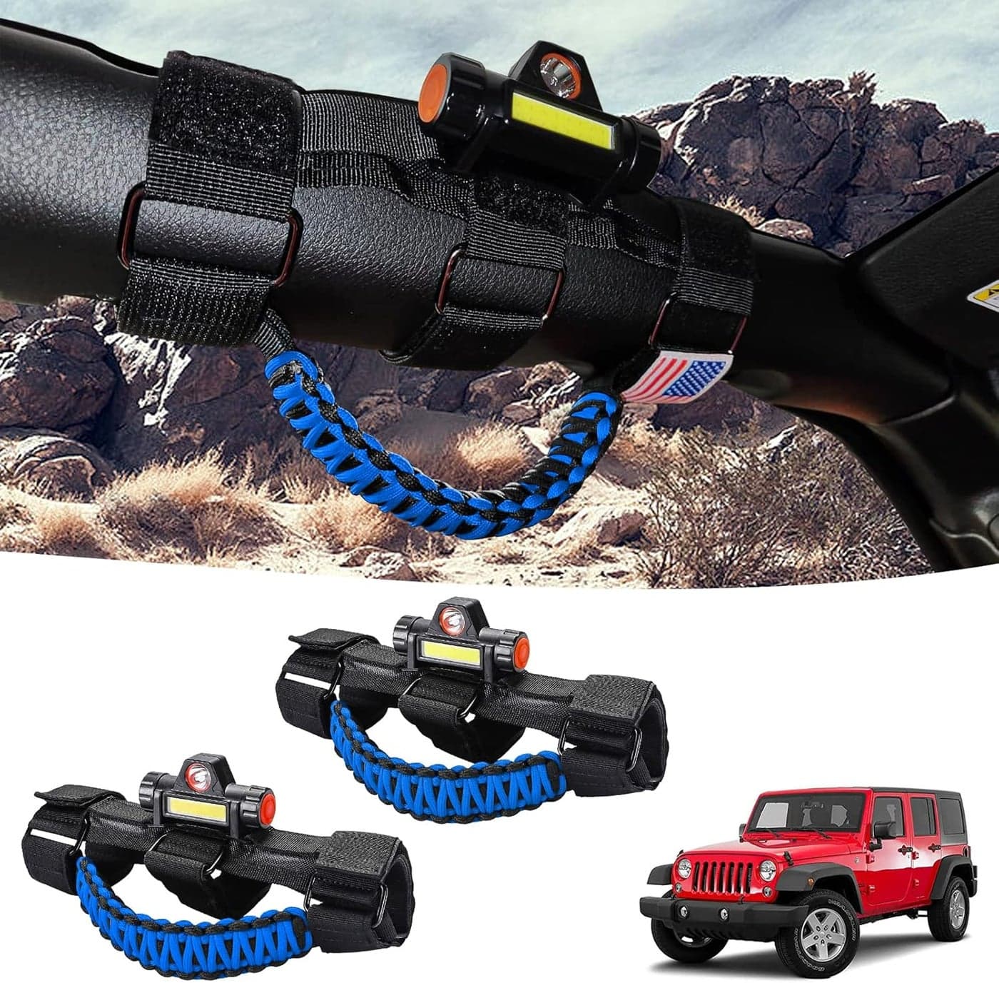 Gaizon 2 Pack Grab Handles with LED Dome Light for Jeep Wrangler and Gladiator (Blue)