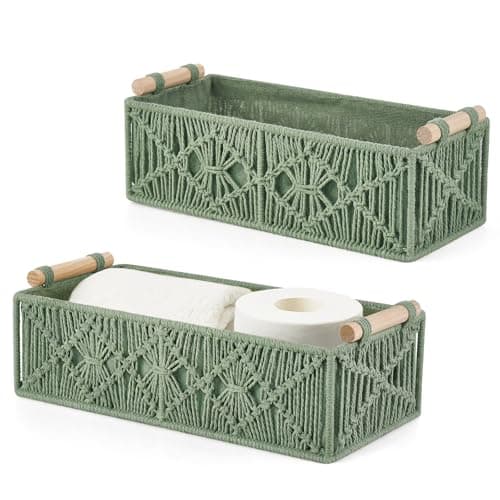 Mkono Macrame Storage Baskets Boho Decor Box Handmade Woven Decorative Countertop Toilet Tank Shelf Cabinet Organizer for Bedroom Livingroom Home, Set of 2, Green