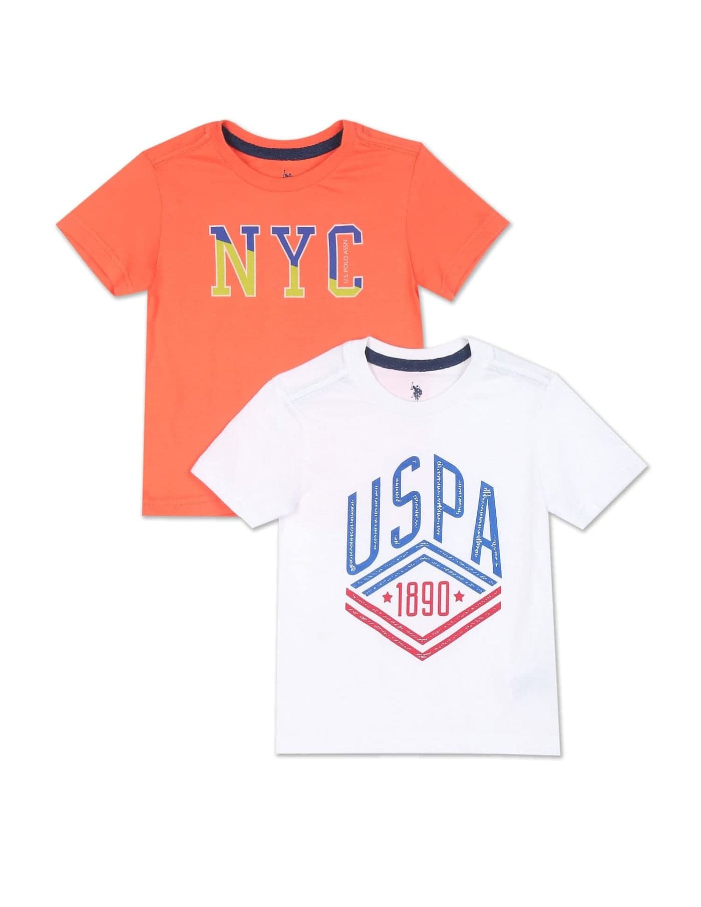 U.S. POLO ASSN. Regular Fit Boys Tshirt - Brand Printed, Ribbed Crew Neck, Short Sleeves T Shirt for Kids, Pack of 2 -ES, White & Orange