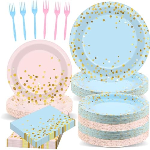 OBUSATT 192PCS Gender Reveal Party Supplies Baby Shower Party Tableware Gender Reveal Plates and Napkins Plastic Forks Boys Girls Blue and Pink Paper Plates for Baby Shower Wedding Birthday 48 Guests