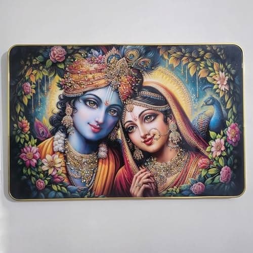 Masstone Radha Krishna Crystal Embedded High Gloss Wall Painting, Golden Slim Frame, 45x30 Cm Wall Art for Living Room, Bedroom, Office & Home Décor (CRG57)