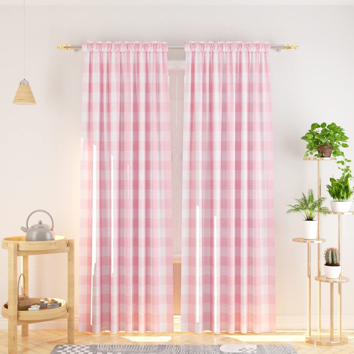 NATUS WEAVER Cotton Curtains Pink and White Buffalo Gingham Check Curtain Panels 95 inches Long Living Room Drapes Plaid Checker Kitchen Bedroom Window Treatment Set 2 Panels Rod Pocket
