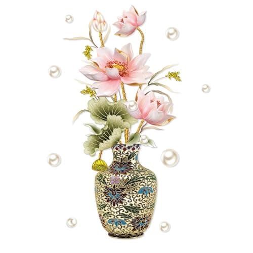 Chinese Style Lotus Flower Vase Wall Sticker, 24"x47" Classical Lotus Flower Wall Decals Murals Peel and Stick 3D Wall Art Stickers for Girls Bedroom Nursery Living Room TV Home Decor