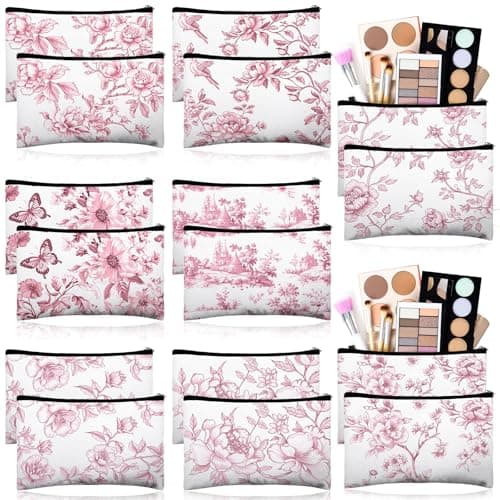 Stuffygreenus 16 Pcs Floral Cosmetic Bags Bulk for Women Pink and White Floral Makeup Bags Chinoiserie Canvas Travel Zipper Pouches Aesthetic Toiletry Bag for Girls Bridesmaids Wedding Supplies