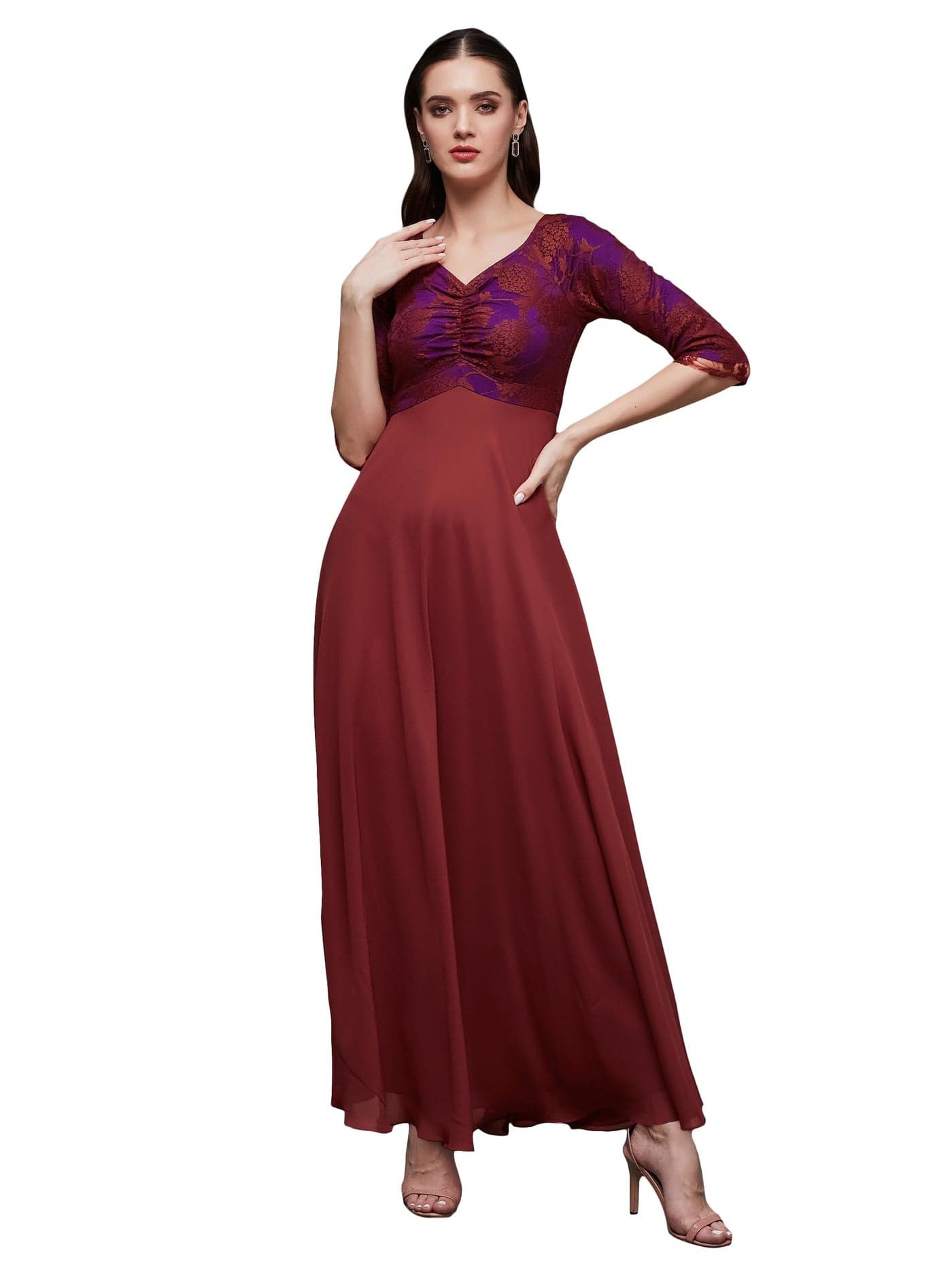 Miss Chase Women's Sweet-Heart Neck 3/4 Sleeve Self Design Fit & Flare Maxi Dress with Pockets (MCSS23D79-06-149-06, Brick Red, XL)