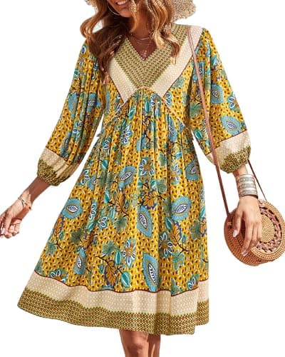 BTFBM Women Casual Spring Summer Dresses V Neck 3/4 Long Sleeve Ruffle Floral Flowy Boho Babydoll Mini Beach Dress(Floral Yellow Apricot, Medium)