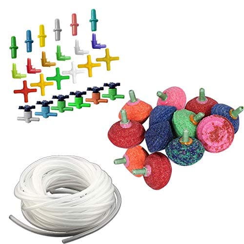 Padmashri Soft Plastic Oxygen Pump Hose-Air Bubble Stone Aquarium Fish Tank White, 10 M/4x6 Mm Air Tube with 12pcs Air Stone and Air Tube Outlet Multicolor Connector 24 Pieces