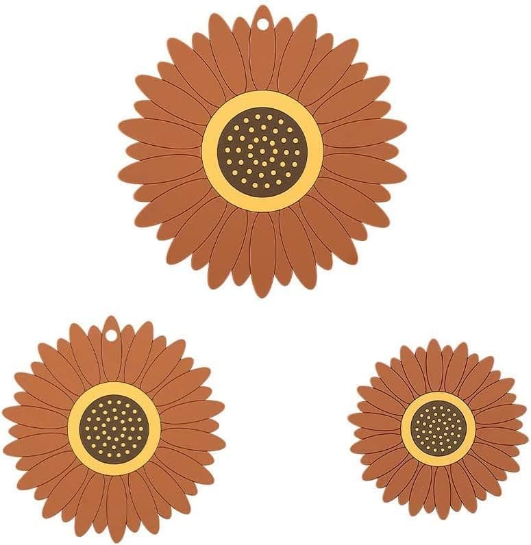 Clovis Sunflower Table and Counter Mats, Multi-Purpose Soft Rubber Pads for Hot Pots and Dishes, Non-Slip Silicone Coasters for Cups, Drinks, Pots and Pans (Brown, Set of 3)