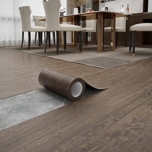 Peel and Stick Floor Tile 11.8” x 118” Vinyl Flooring Roll Cover 9.6 Sq.Ft. Waterproof Scratch-Resistant DIY Self-Adhesive PVC Wood Flooring for Renter, Kitchen, Bathroom, RV, Brown