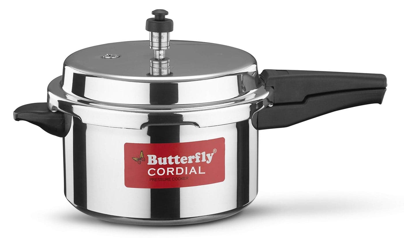 Butterfly Cordial 5 Litres Pressure Cooker | Outer Lid | Food Grade Virgin Aluminium | Gas Stove Compatible| ISI Certified | 2 Years Manufacturer's Warranty | Silver