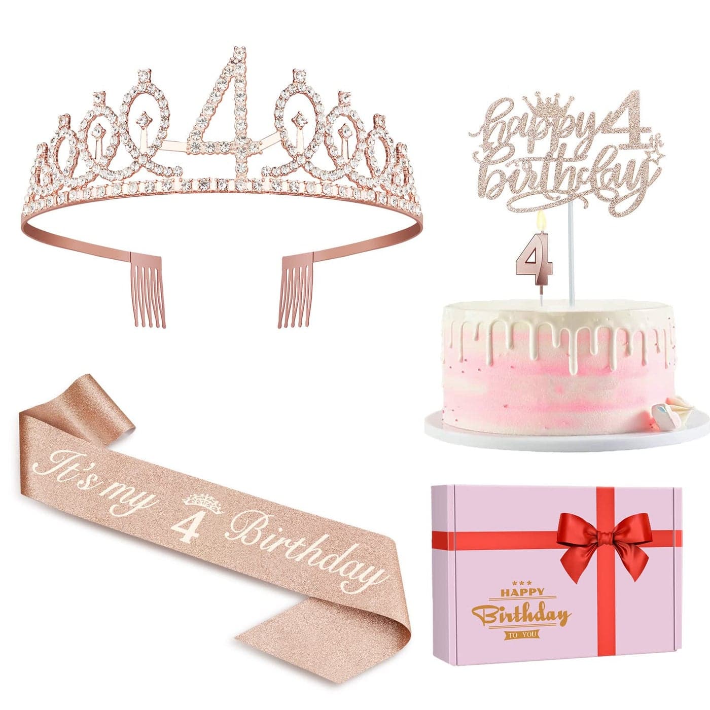 4th Birthday Decorations for Girl Including Sash Crown Numeral Candle and Cake Topper 4 Year Old Girls Party Favor Supplies