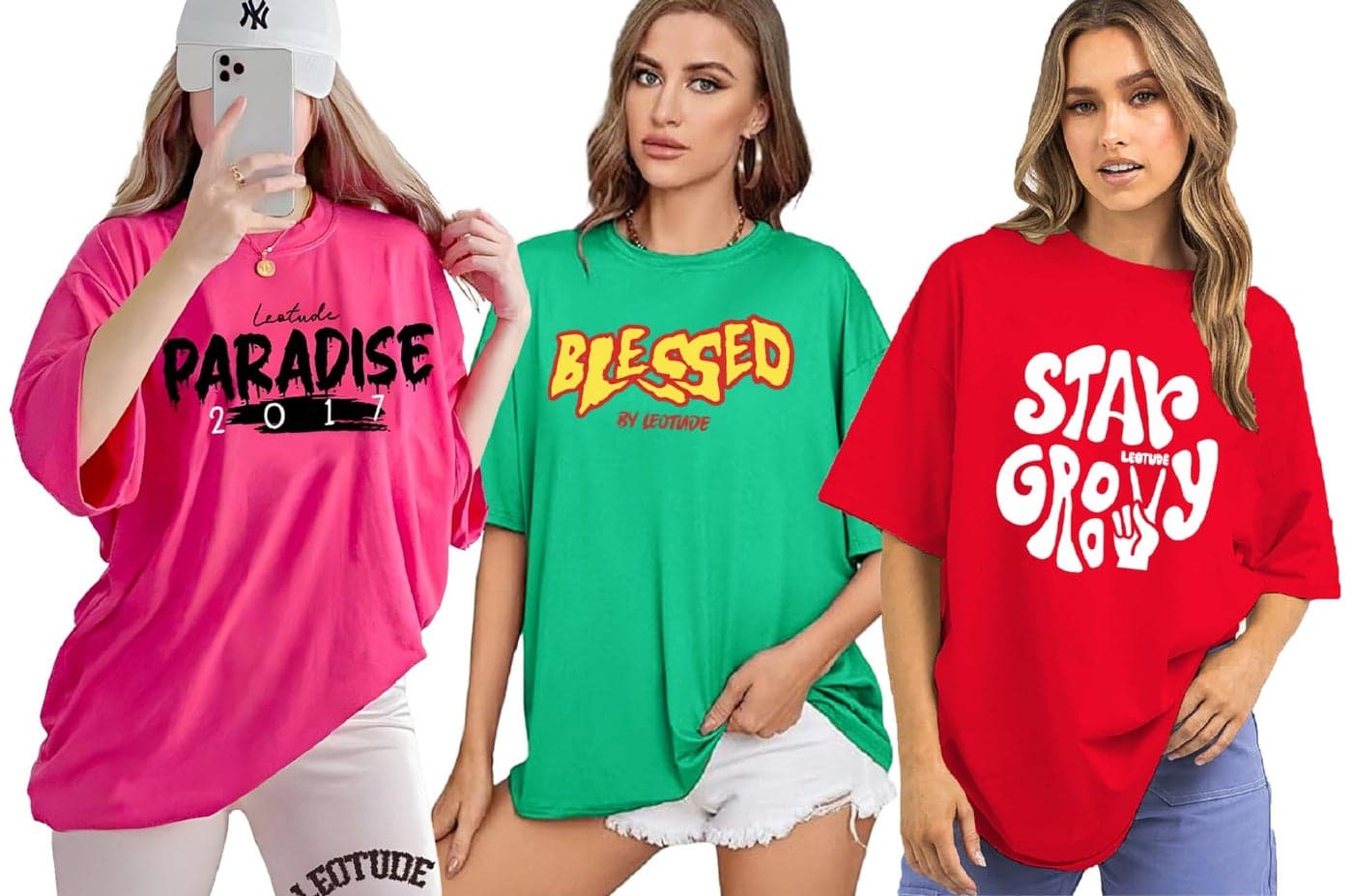 LEOTUDE Women's Oversized Round Neck T-Shirt (PO3_FS49_RED_GROVY-Blessed-Paradise_P_Pink_2XL)