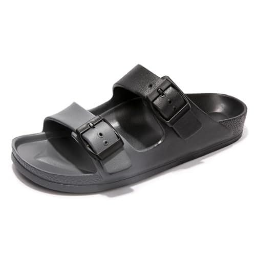 FUNKYMONKEY Women's Comfort Slides Double Buckle Adjustable EVA Flat Sandals (6 M US, Black/Grey)