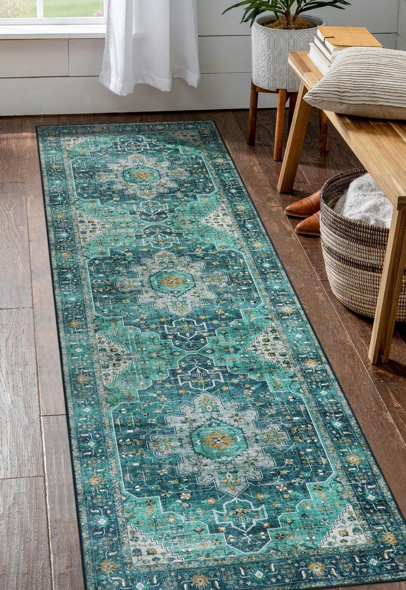 Moynesa UltraThin Washable Vintage Runner Rug 26x8 Boho Hallway Kitchen Runner Oriental Medallion Bedside Mat NonSlip NonShedding Indoor Throw Carpet for Laundry Entrance TealMutil