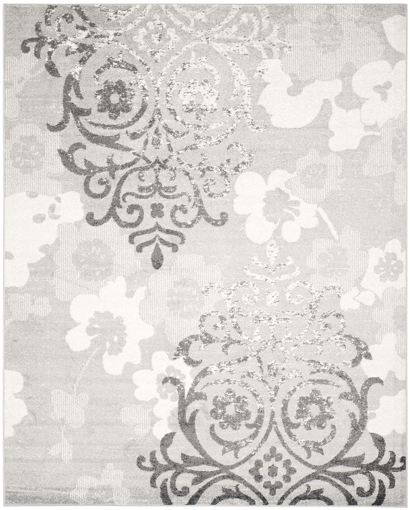 SAFAVIEH Adirondack Collection Area Rug 9 x 12 Silver Ivory Floral Glam Damask Distressed Design NonShedding Easy Care Ideal for High Traffic Areas in Living Room Bedroom ADR114B