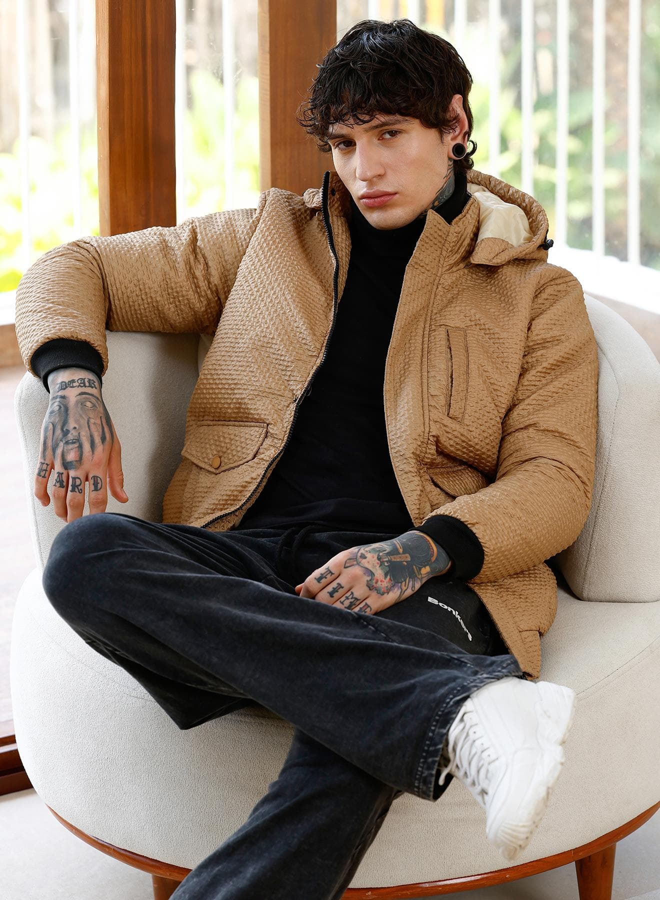 Men's Camel Beige Geometric-Tactile Puffer Jacket