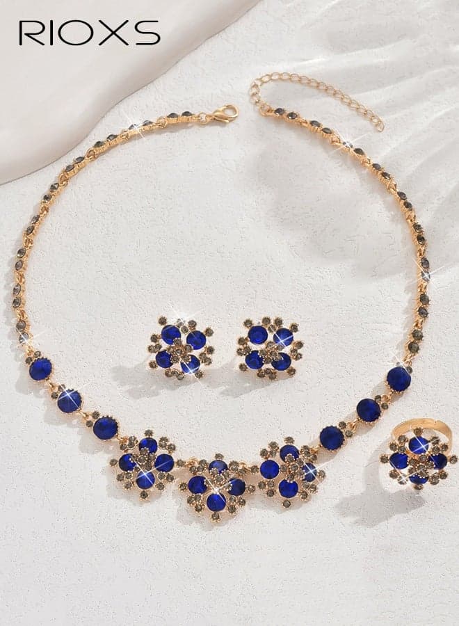 Bridal Wedding Jewelry Set, Vintage Rhinestone Necklace Earrings Ring Sets for Ladies, Formal Costume Jewelry for Wedding Party Prom