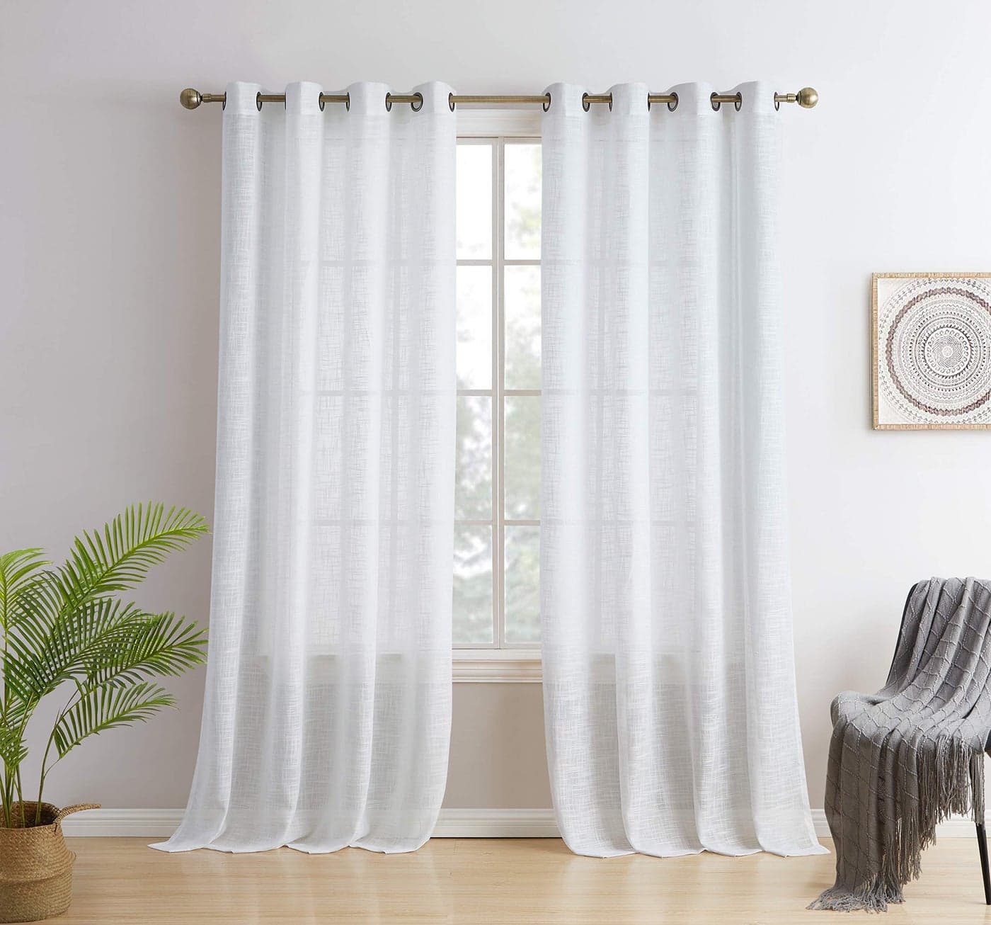 HLCME Madison Faux Linen Textured Semi Sheer Privacy Light Filtering Transparent Window Grommet Floor Length Thick Curtains Drapery Panels for Office Living Room 2 Panels 54 W x 84 L White