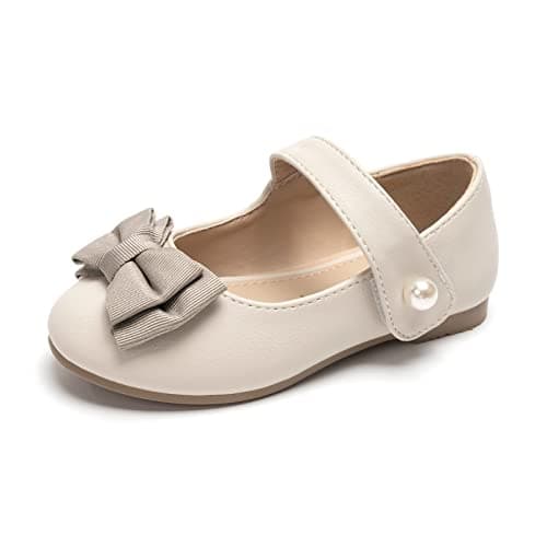 FUNKYMONKEY Toddler/Little Girl Mary Jane Dress Shoes Casual Slip on Ballet Flat (5 Toddler, Nude Bowknot)