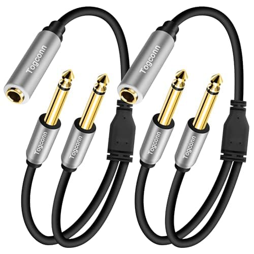 Togconn 2-Pack 1/4 inch TS Mono Splitter Y Adapter, 6.35mm Mono Female to Dual 6.35 mm TS Mono Male Jack, Quarter inch Audio Speaker Splitter Converter Cable 1 Feet, Gold Plated Connectors