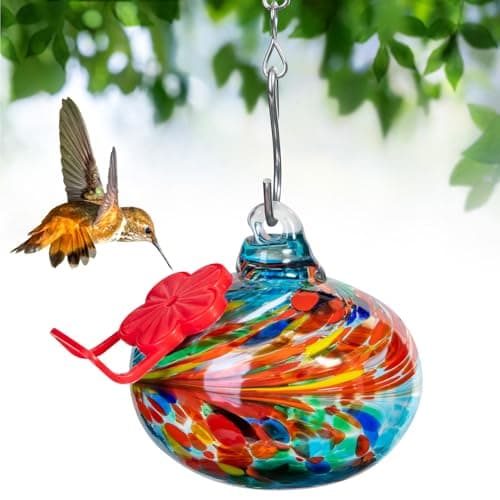 Small Hummingbird Feeder for Outdoors,Hand Blown Glass Humming Bird Feeders with Perch,Leak-Proof,Perfect for Windows, Gardens, Patios & Backyard (Phoenix Tail Blue)