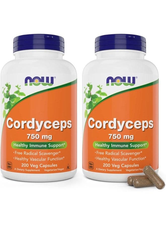Foods Cordyceps 200 Capsules (Pack of 2) 750mg, Vegan Mushroom Powder Non-GMO VCaps