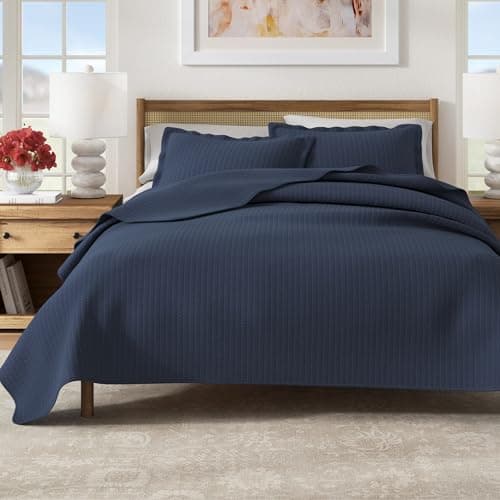 Great Bay Home FullQueen Quilt Bedding Set 3Piece Lightweight Summer Channel Stitch Quilt Set with Shams Ultra Soft Navy Bedspreads Quilted Bedding Coverlets for All Seasons